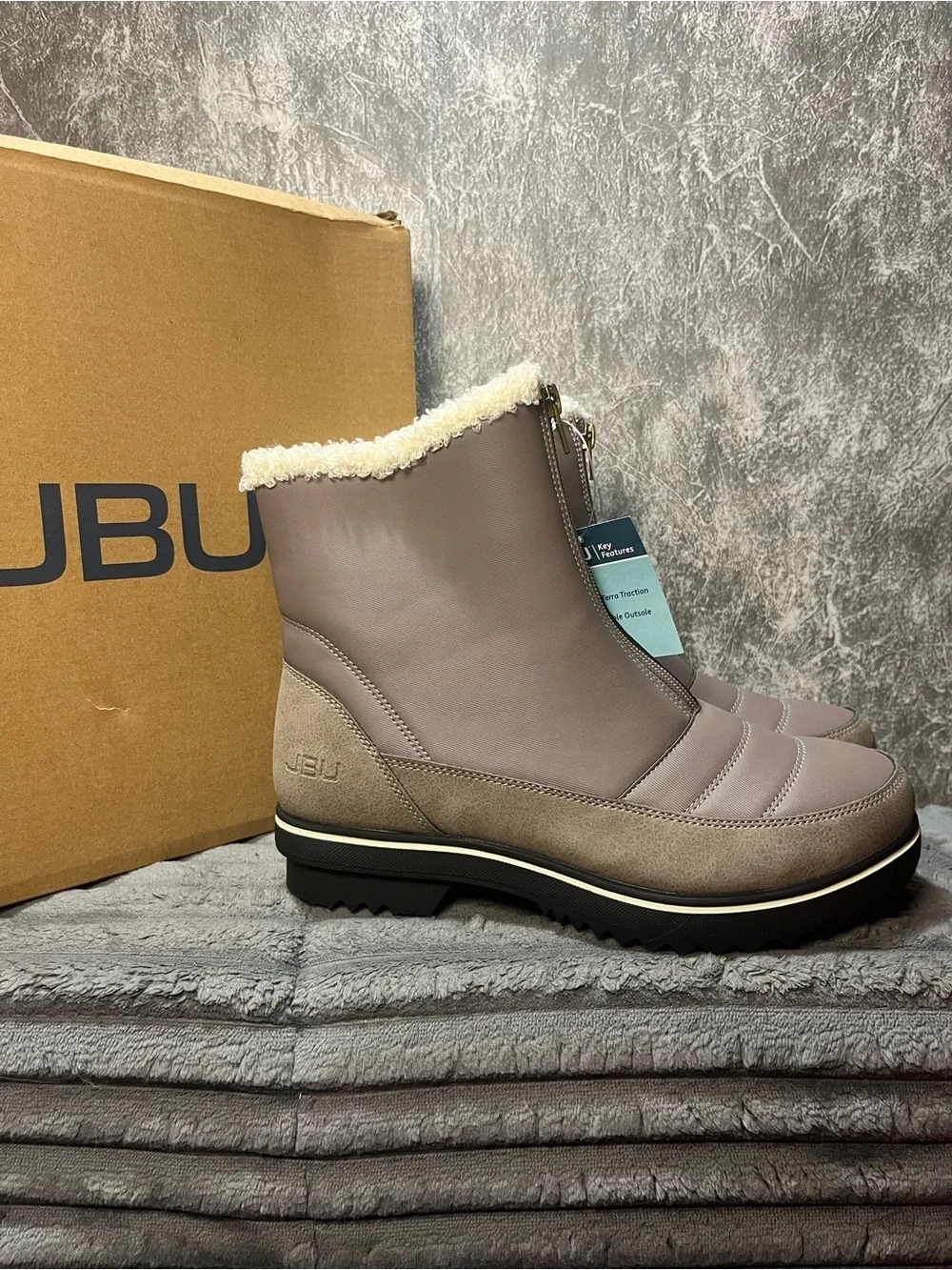 JBU Taupe Winter Ankle Boots with Cream Shearling Trim
